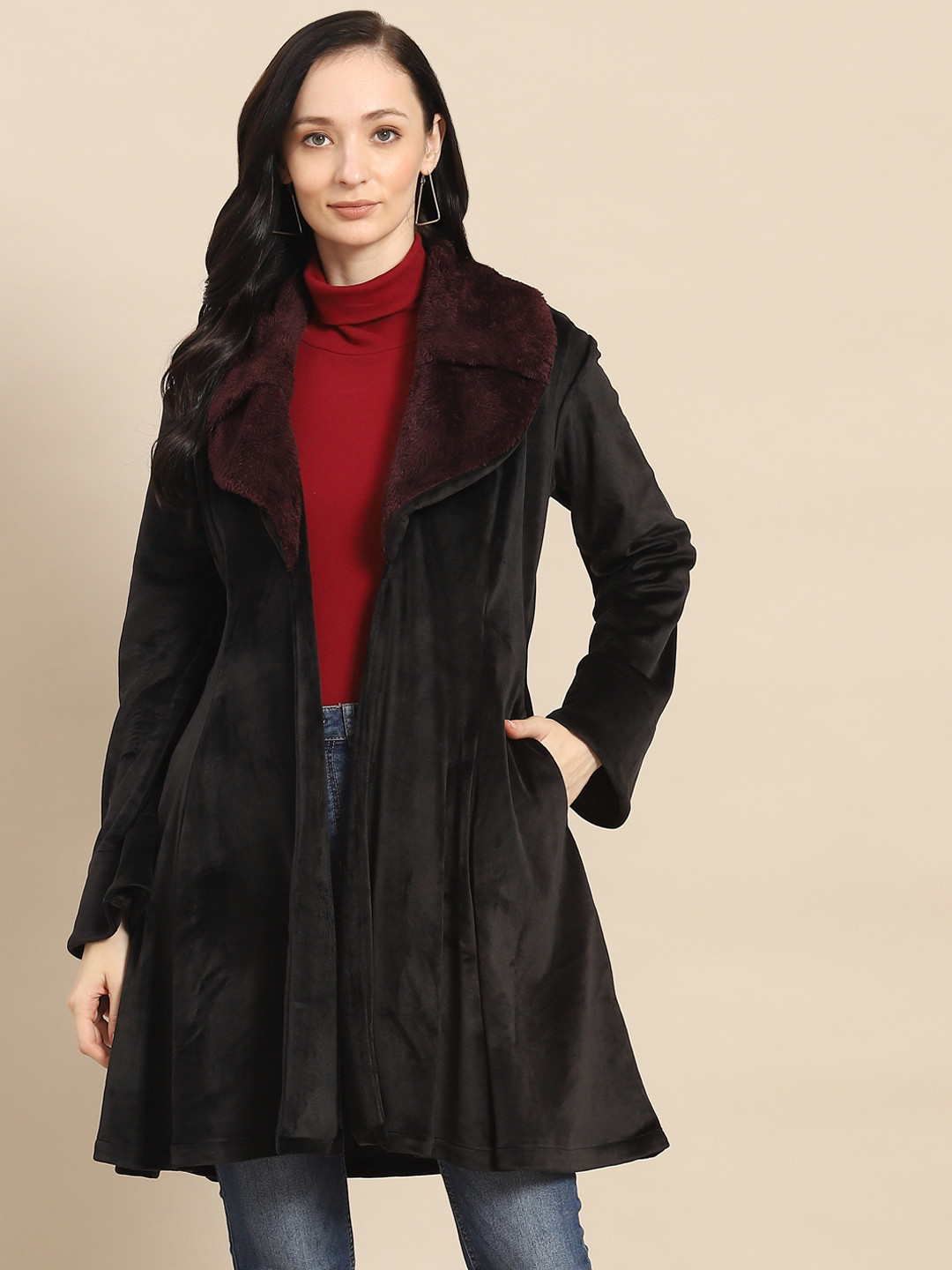 WoowZerz Women Black & Wine Solid Longline Front Open Over Coat