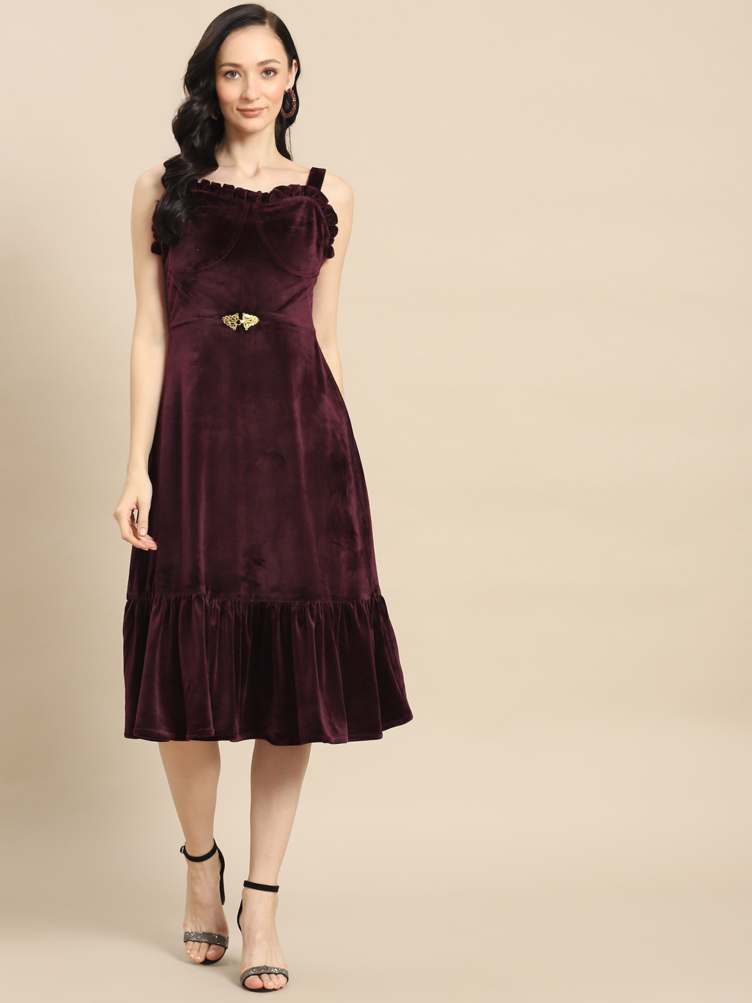 WoowZerz Burgundy Solid Velvet Midi Fit & Flare Dress