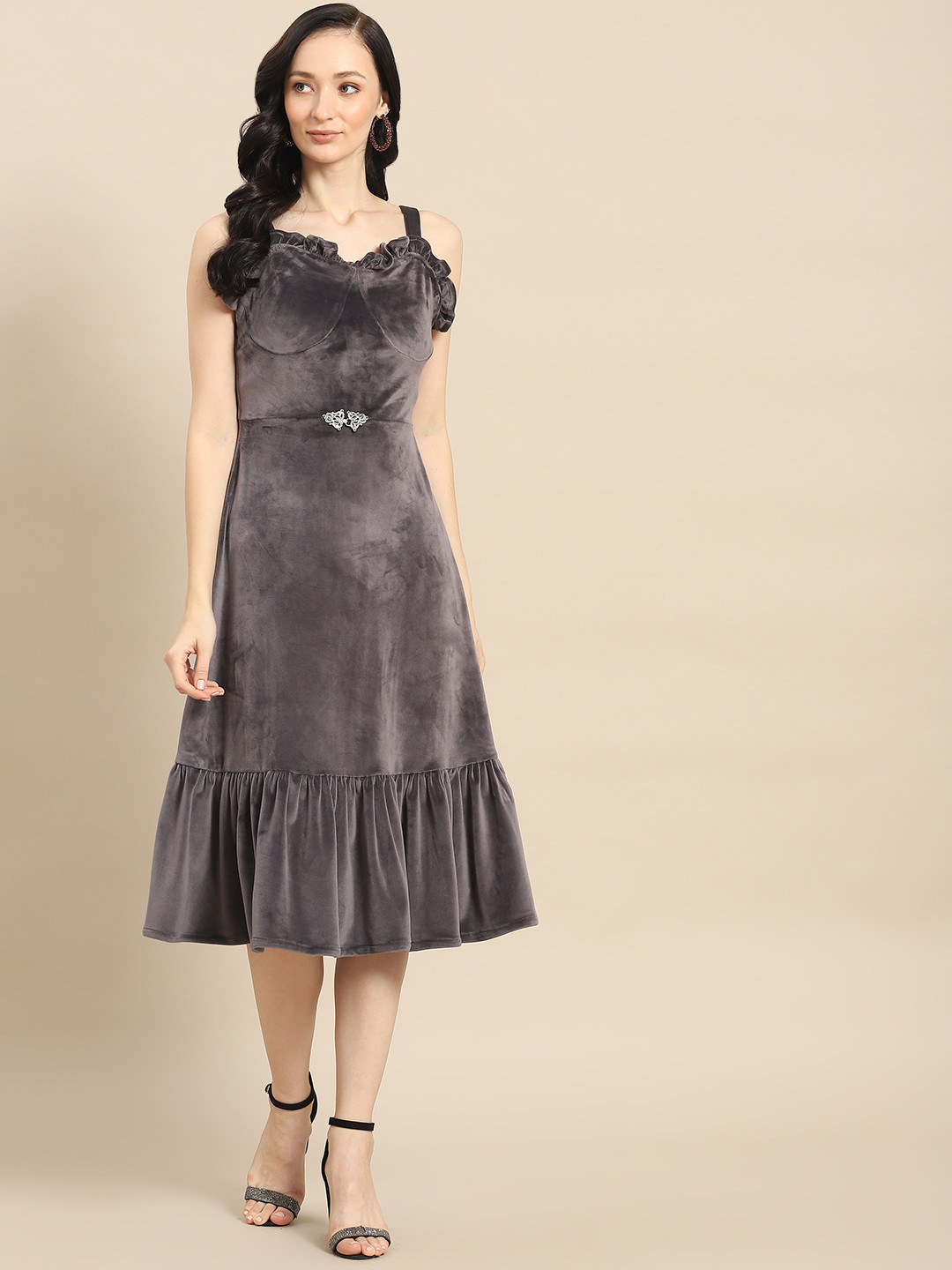 WoowZerz Grey Solid Velvet Midi Fit & Flare Dress