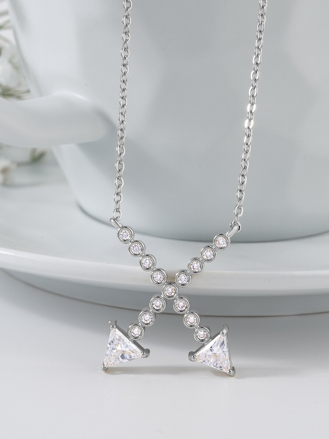 MINUTIAE Silver Toned And White Brass Silver Plated Crystal Studded Pendant Necklace