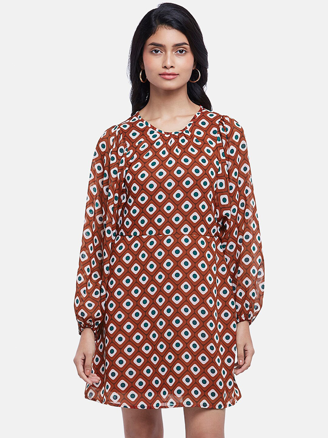 People Rust Brown Long Sleeves A-Line Mini Dress