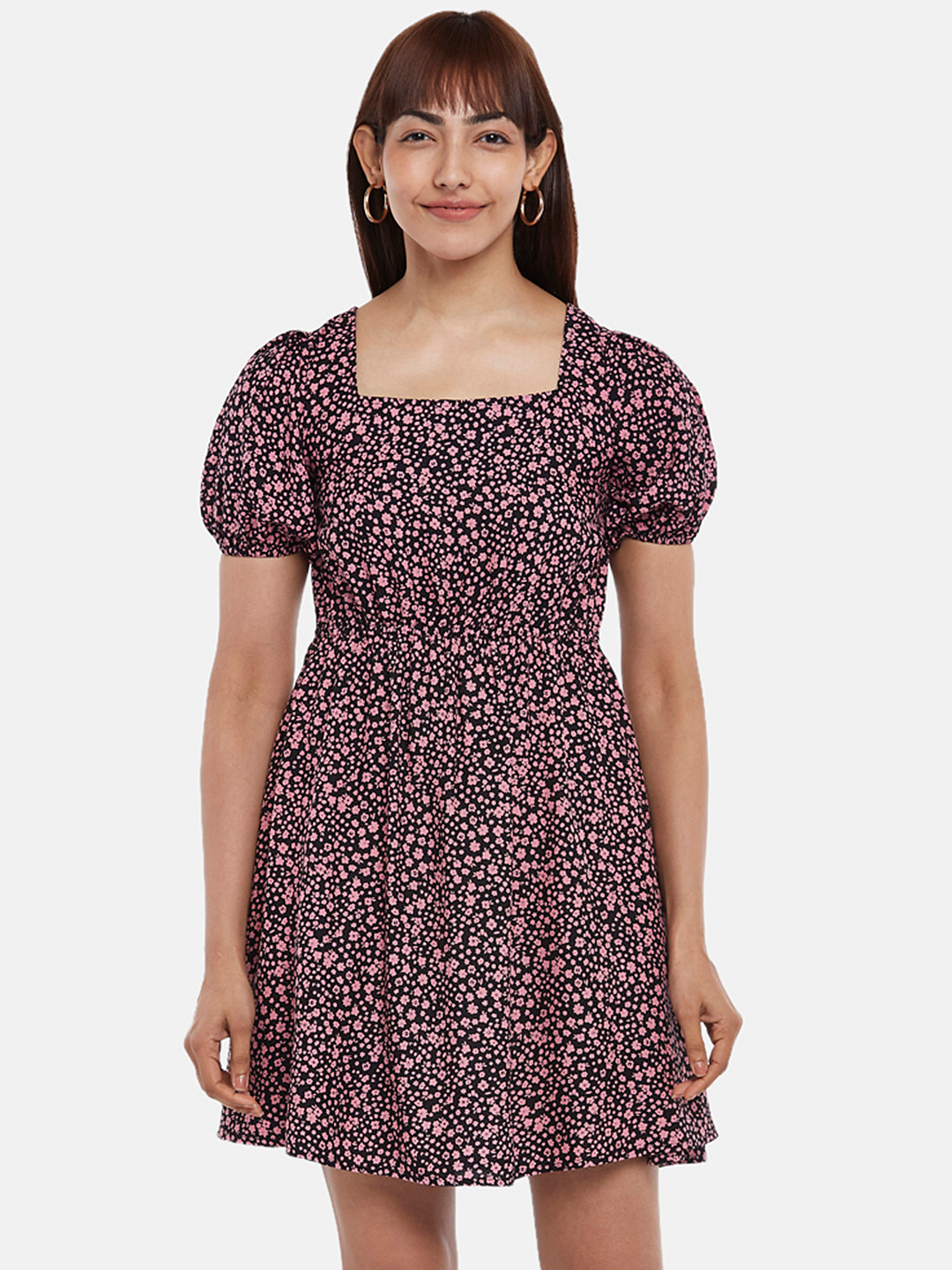 People Women Black & Pink Floral Printed Fit and Flare Dress