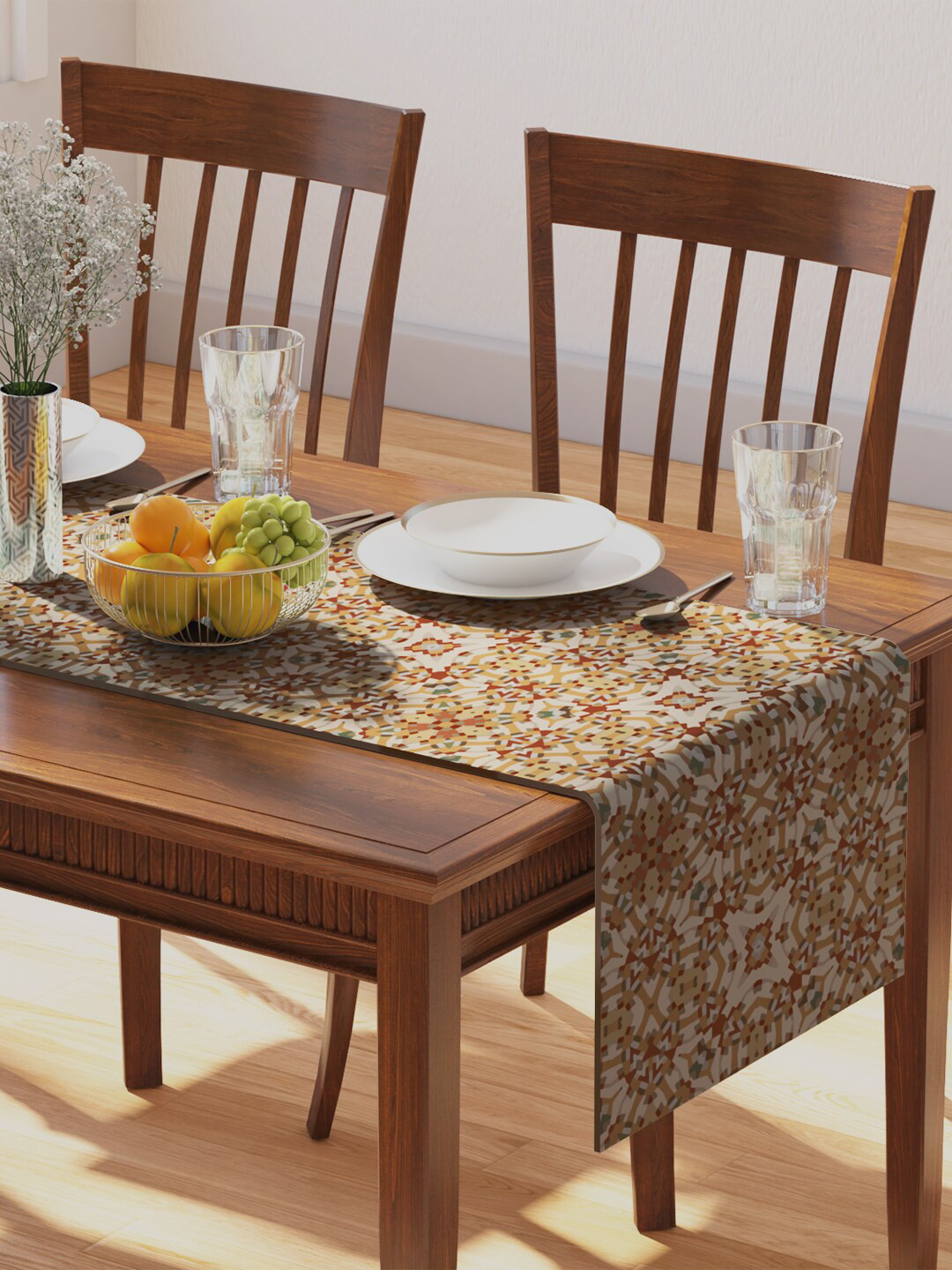 PETAL HOME Yellow & Beige Printed Pure Cotton Alhambra Table Runner