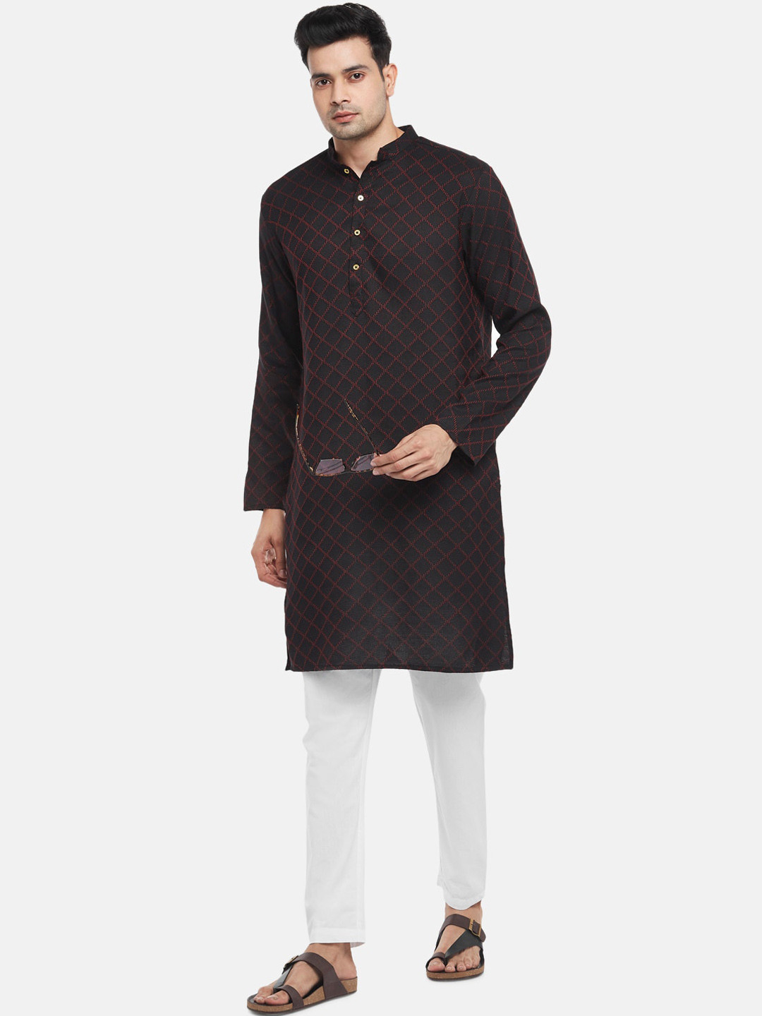 indus route by Pantaloons Men Black Checked Woven Design Kurta