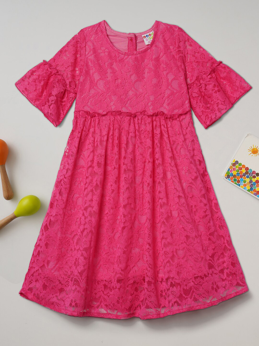ZION Girls Fuchsia Self Design Lace Dress