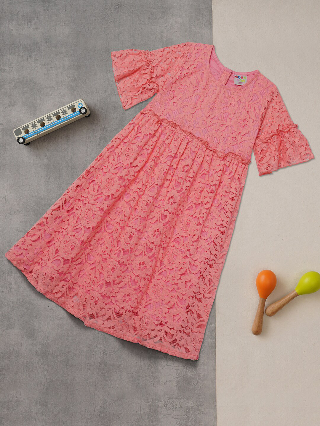 ZION Girls Pink Self Designed Cotton A-Line Dress