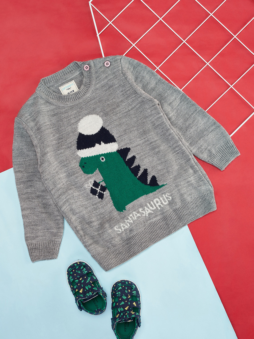 Pantaloons Baby Boys Grey Melange & Black Embroidered Pullover