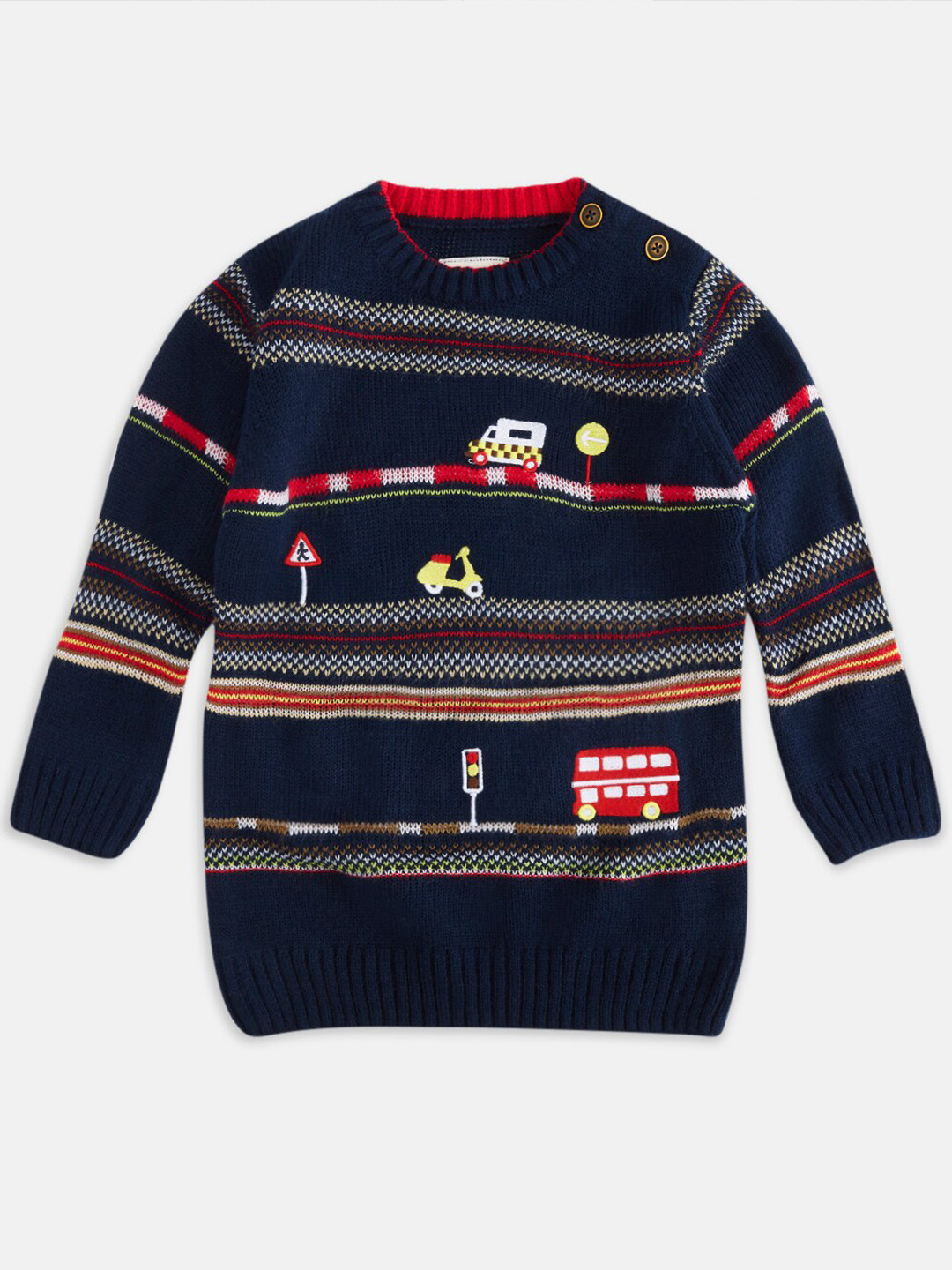 Pantaloons Baby Boys Navy Blue & Red Embroidered Pullover Sweater