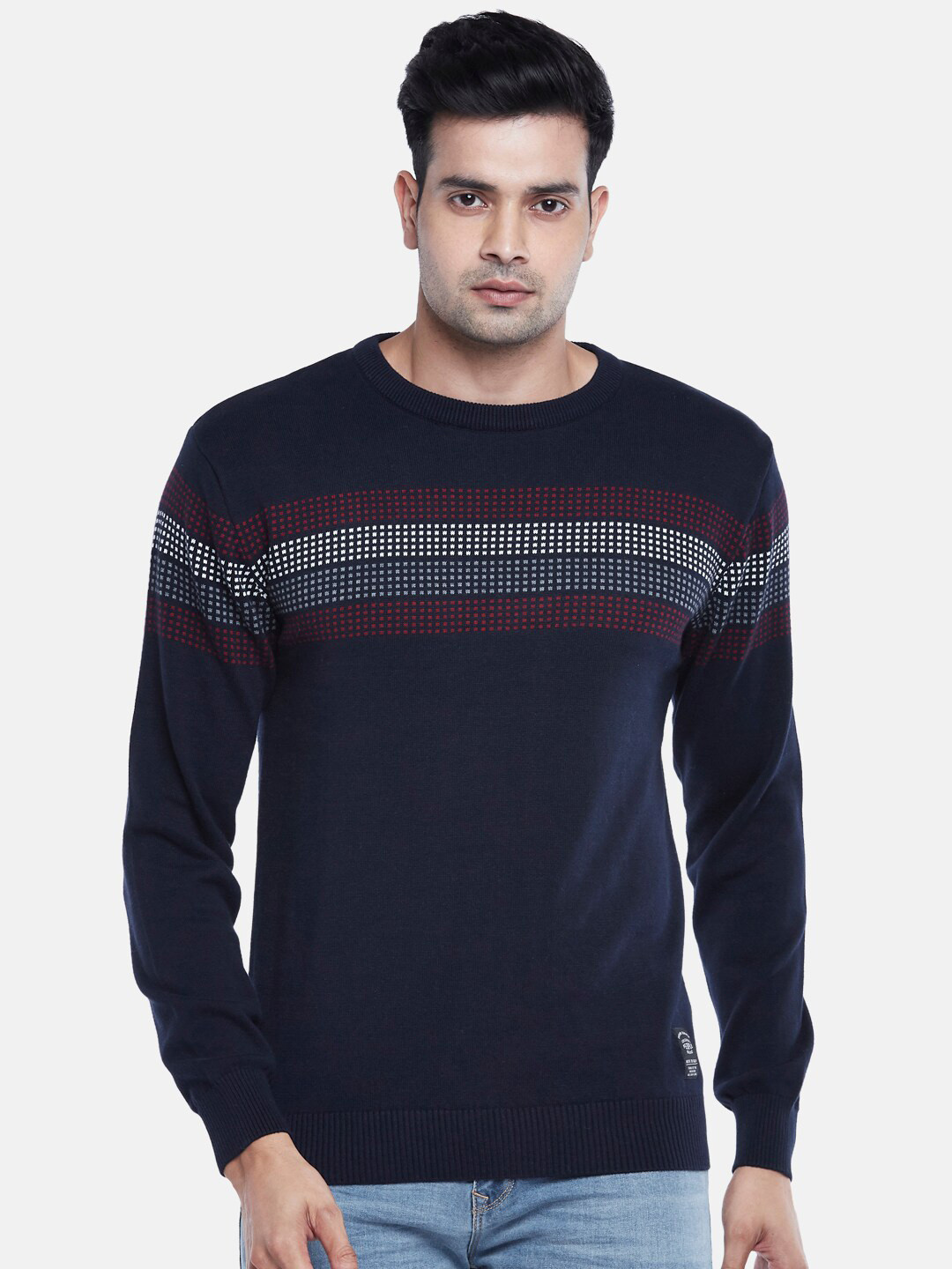 People Men Navy Blue & Red Self Design Pullover