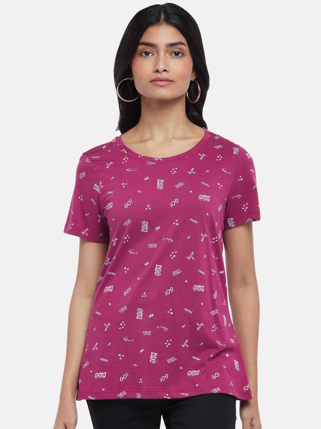 Honey by Pantaloons Women Purple Typography Printed Cotton T-shirt
