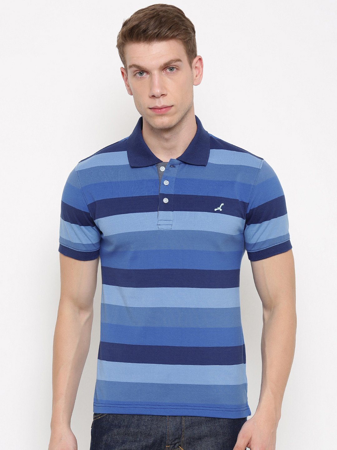 Buy American Crew Men Blue Striped Polo 