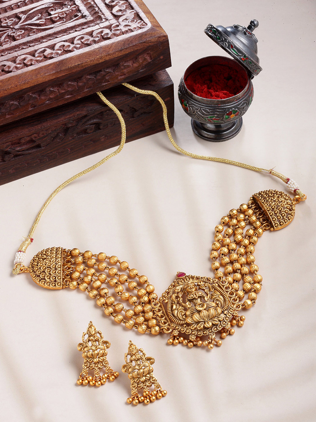 PANASH Gold-Plated Gold Stone-Studded & Beaded Jewellery Set