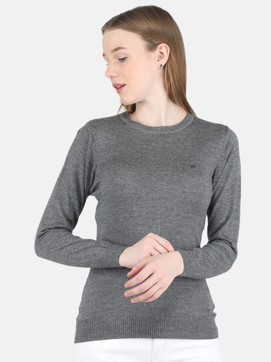 Monte Carlo Women Grey Round Neck Wool Blend Pullover Sweater