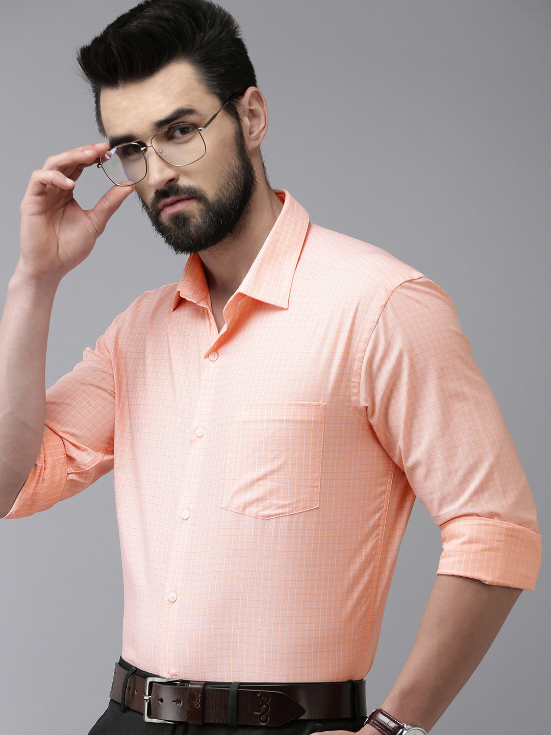 Arrow Men Peach-Coloured Original Slim Fit Grid Tattersall Checks Opaque Pure Cotton Shirt