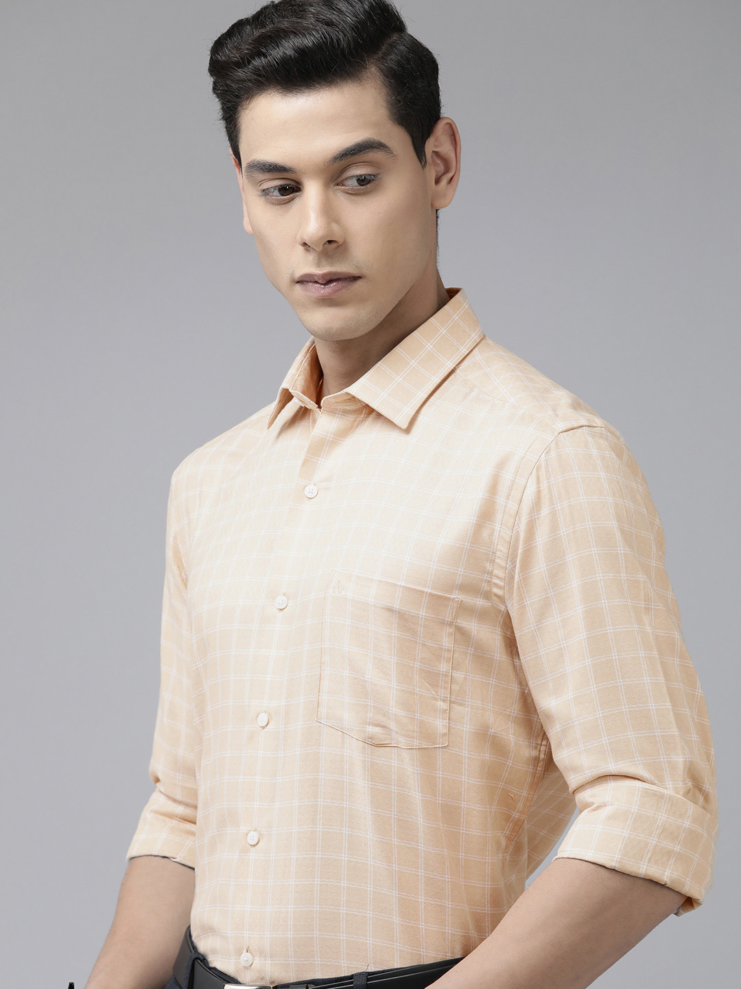 Arrow Men Beige Original Slim Fit Windowpane Checks Opaque Pure Cotton Formal Shirt