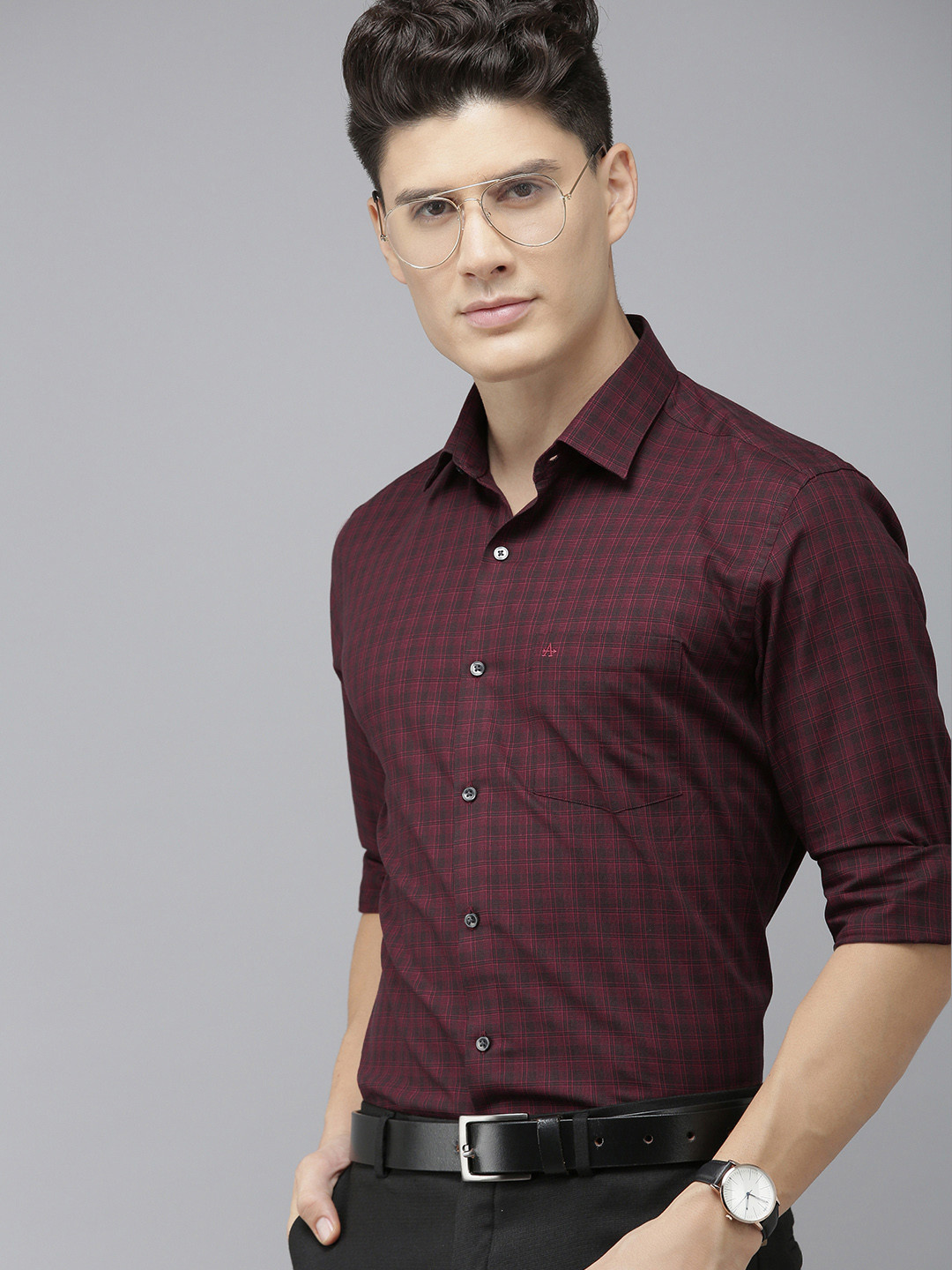 Arrow Men Maroon And Navy Blue Original Slim Fit Checked Pure Cotton Formal Shirt