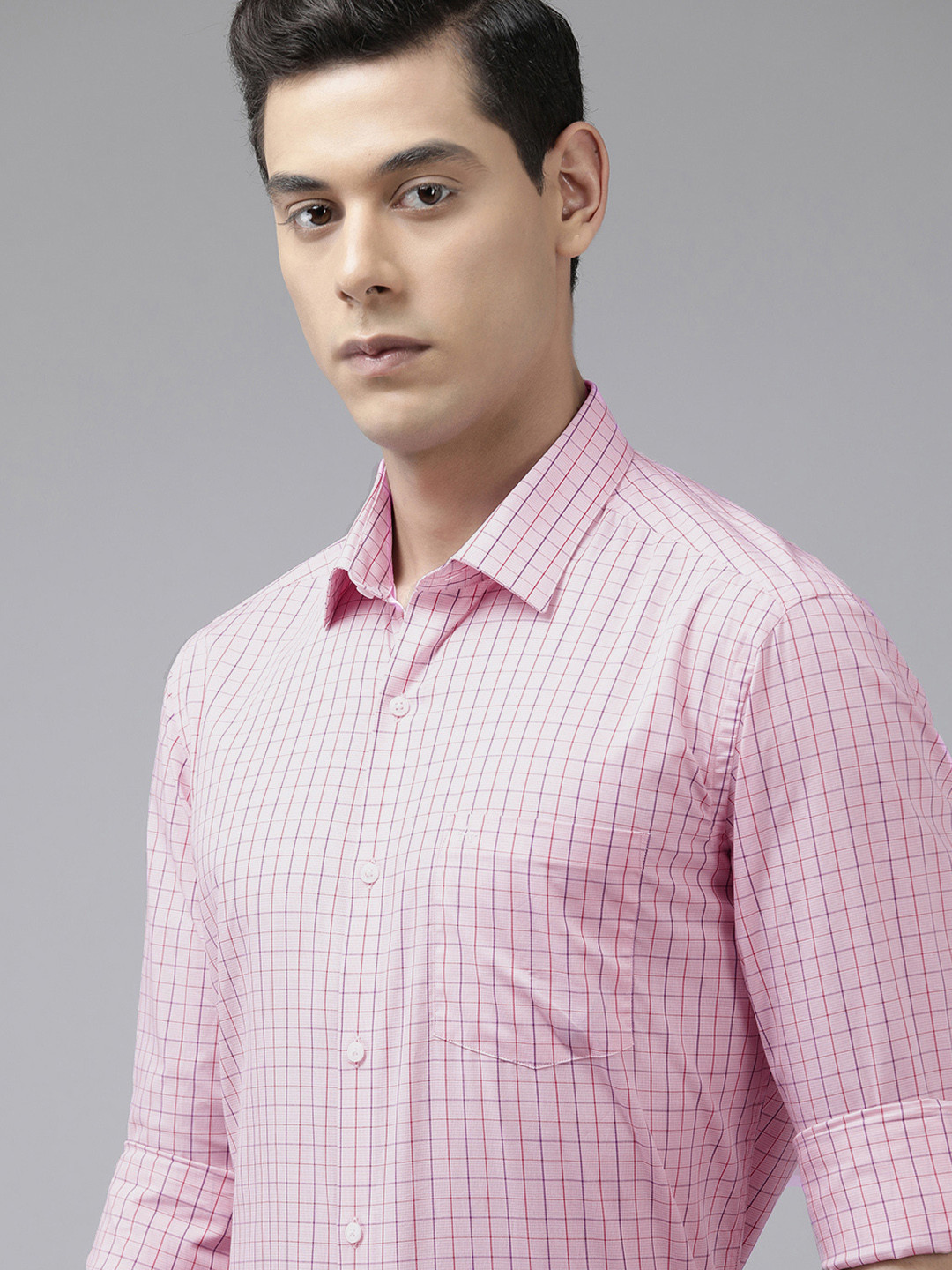 Arrow Men Pink & Purple Manhattan Slim Fit Grid Tattersall Checked Cotton Formal Shirt