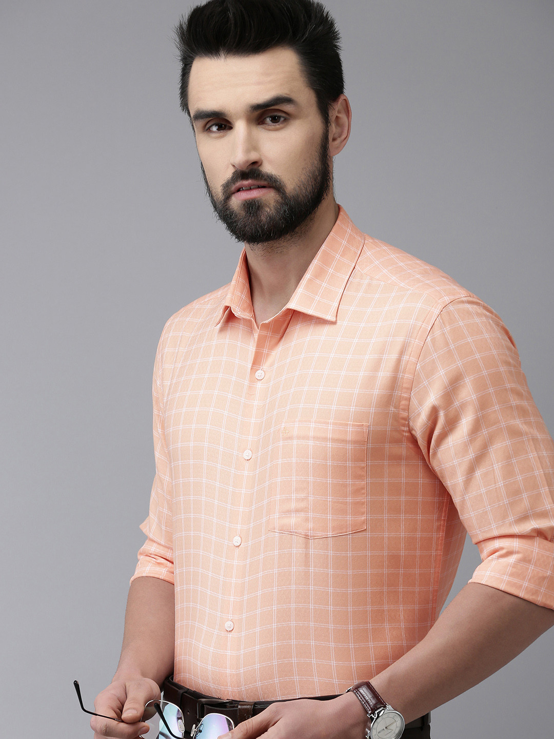 Arrow Men Peach-Coloured & White Manhattan Slim Fit Checked Pure Cotton Formal Shirt