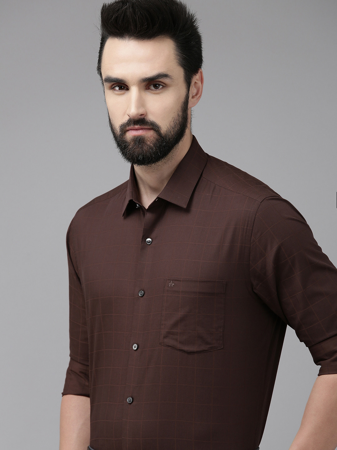 Arrow Men Brown Manhattan Slim Fit Windowpane Checks Opaque Pure Cotton Formal Shirt