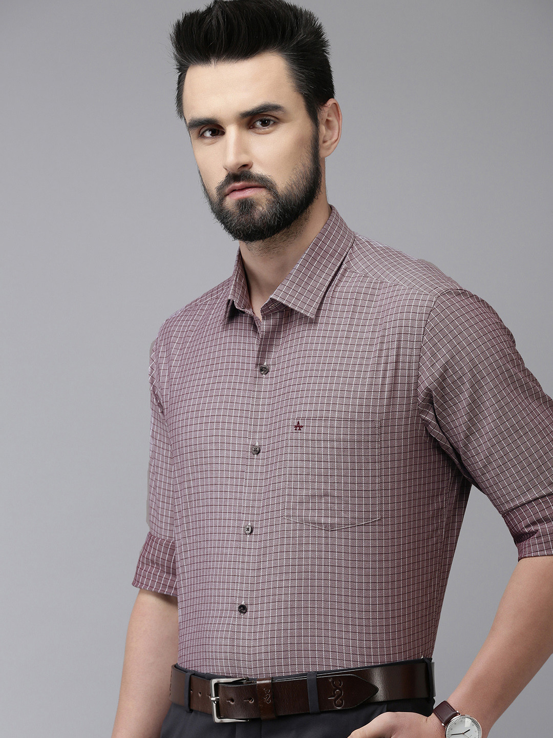 Arrow Men Maroon Pure Cotton Original Slim Fit Grid Tattersall Checks Checked Formal Shirt