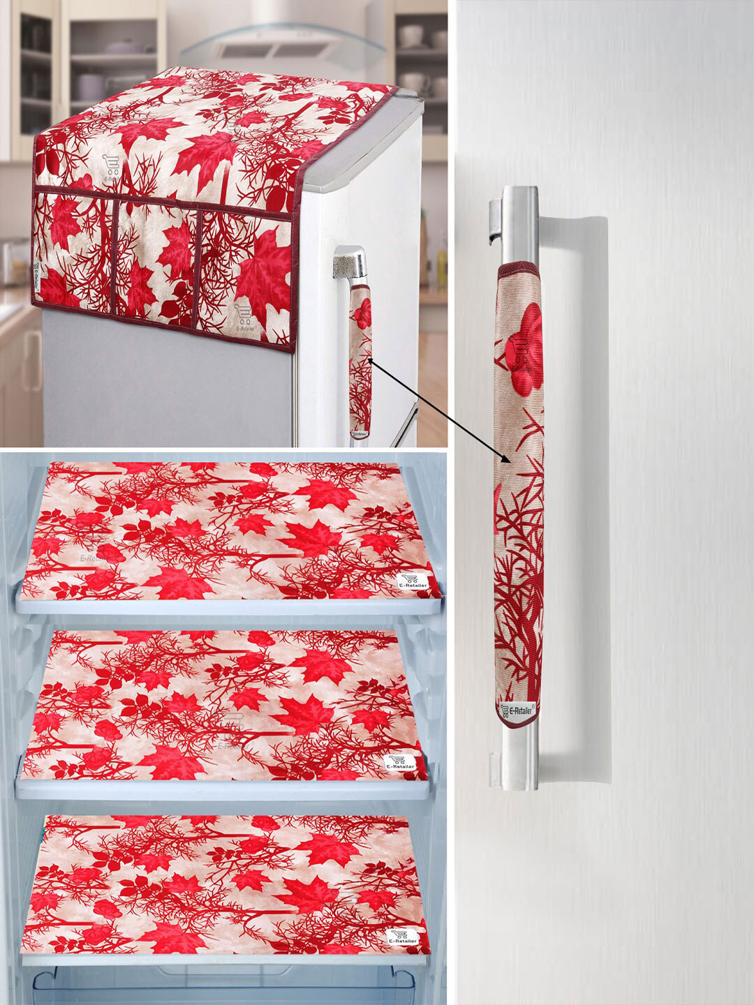 E-Retailer 5 Pieces Set of 1 Refrigerator Top Cover 1 Fridge Handle Cover & 3 Fridge Mats