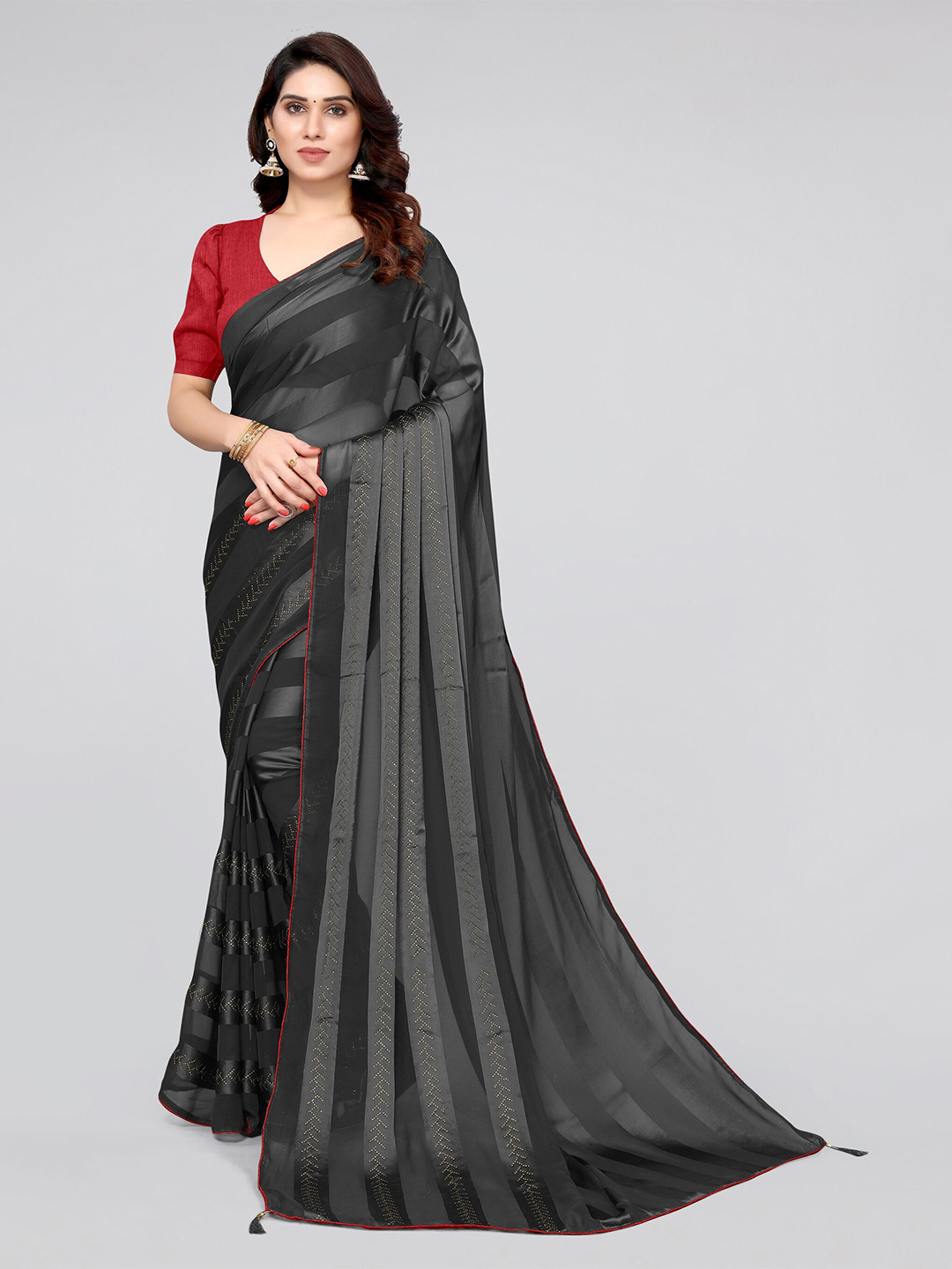MIRCHI FASHION Black Striped Beads and Stones Georgette Saree