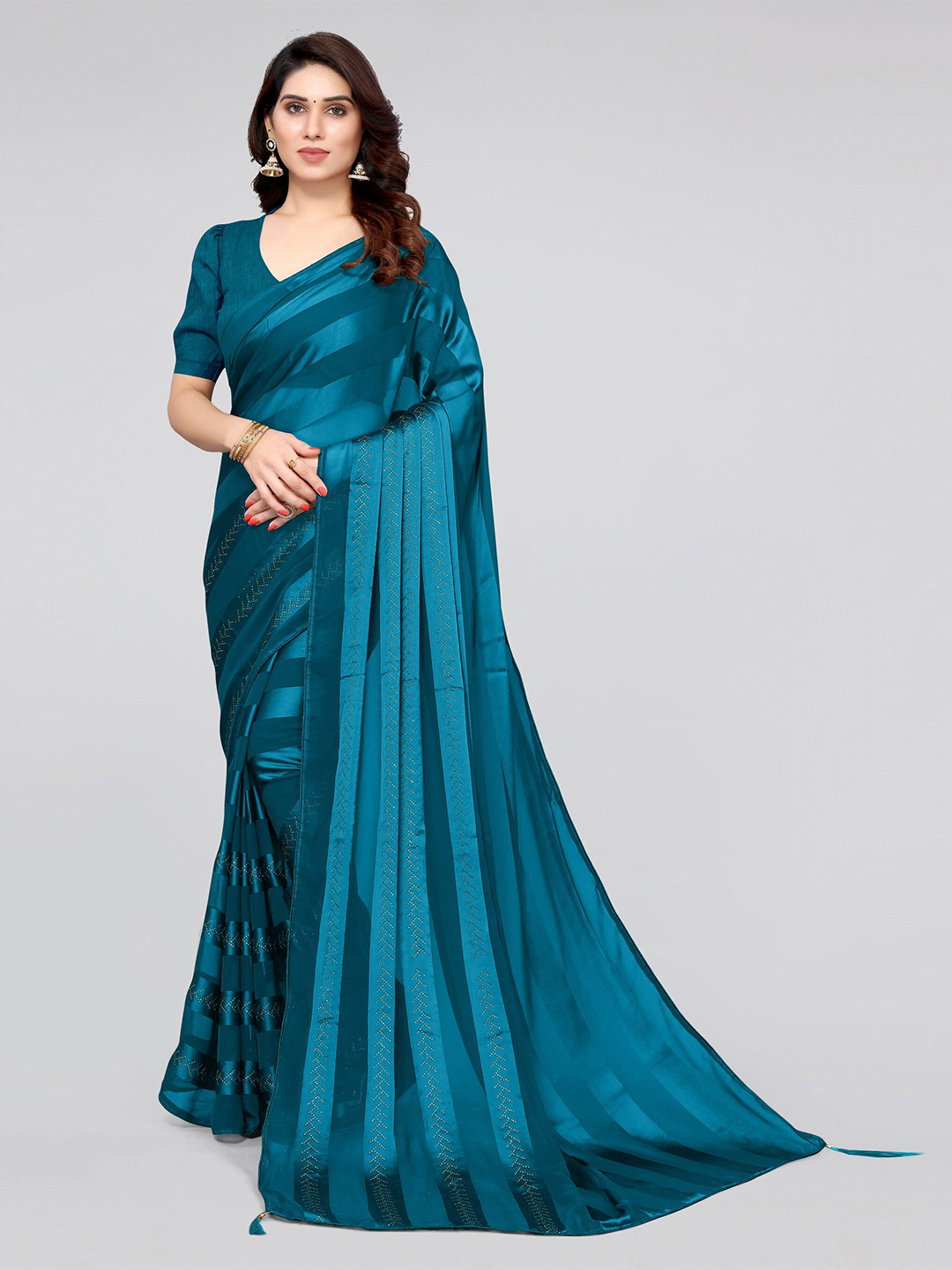 MIRCHI FASHION Turquoise Blue Striped Beads and Stones Saree