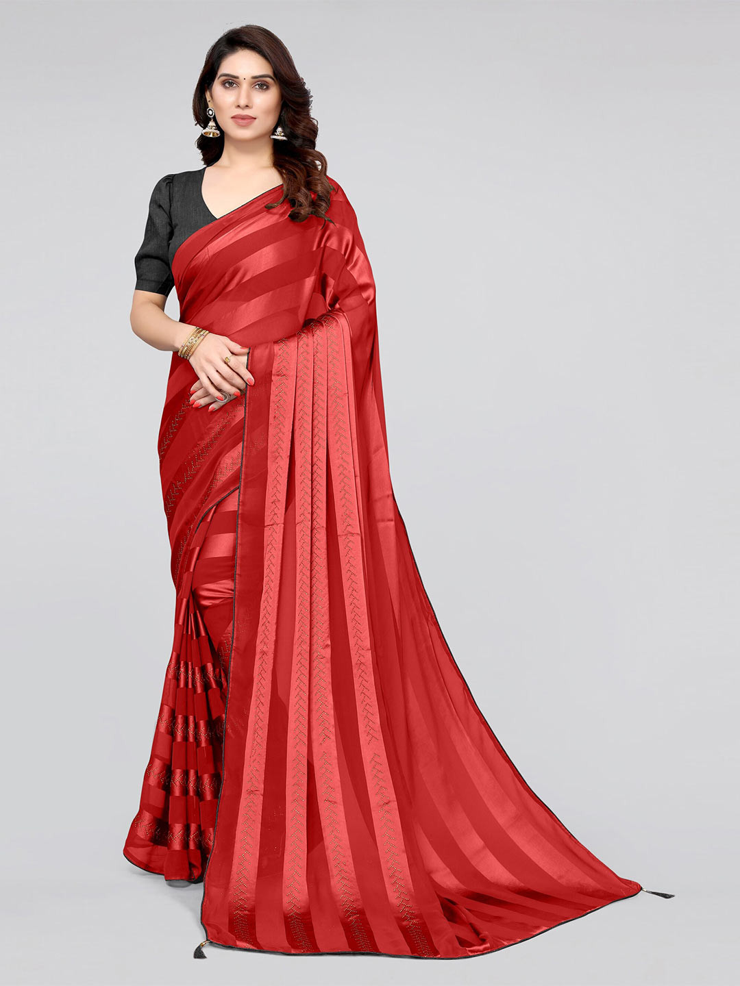 MIRCHI FASHION Red Striped Georgette Saree