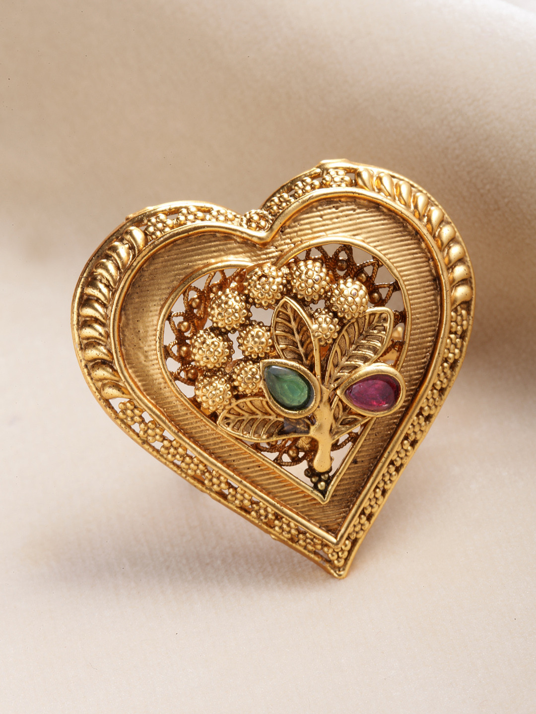 PANASH Women Gold-Plated Red & Green Stone Heart Shaped Finger Ring