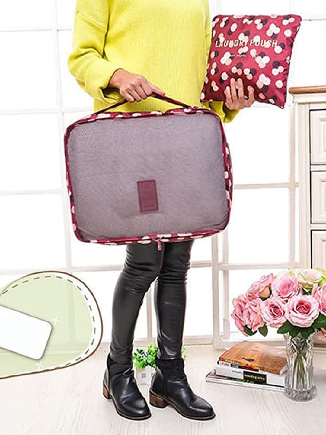 HOUSE OF QUIRK Set of 6 Maroon & White Printed Travel Storage Space Savers Bag Organisers