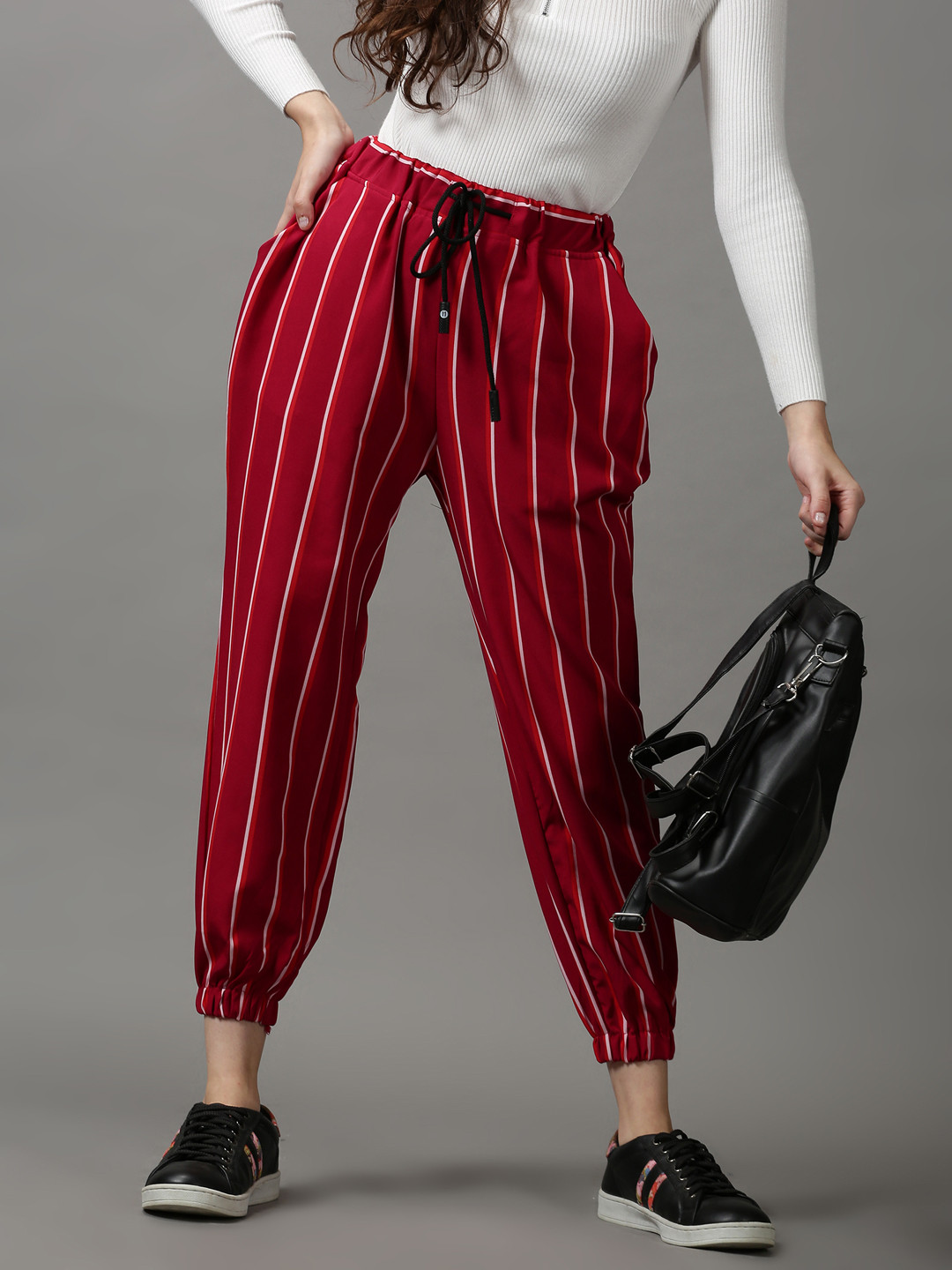 SHOWOFF Women Magenta Striped Joggers Trousers