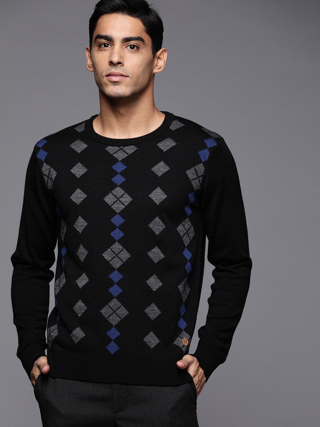 Raymond Men Black & Charcoal Grey Geometric Sweater