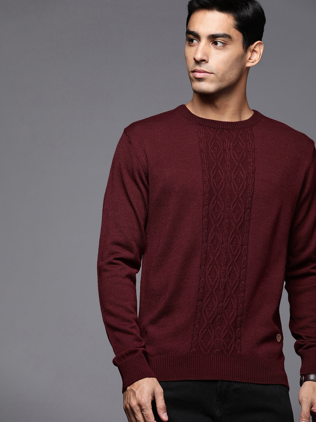 Raymond Men Maroon Cable Knit Sweater