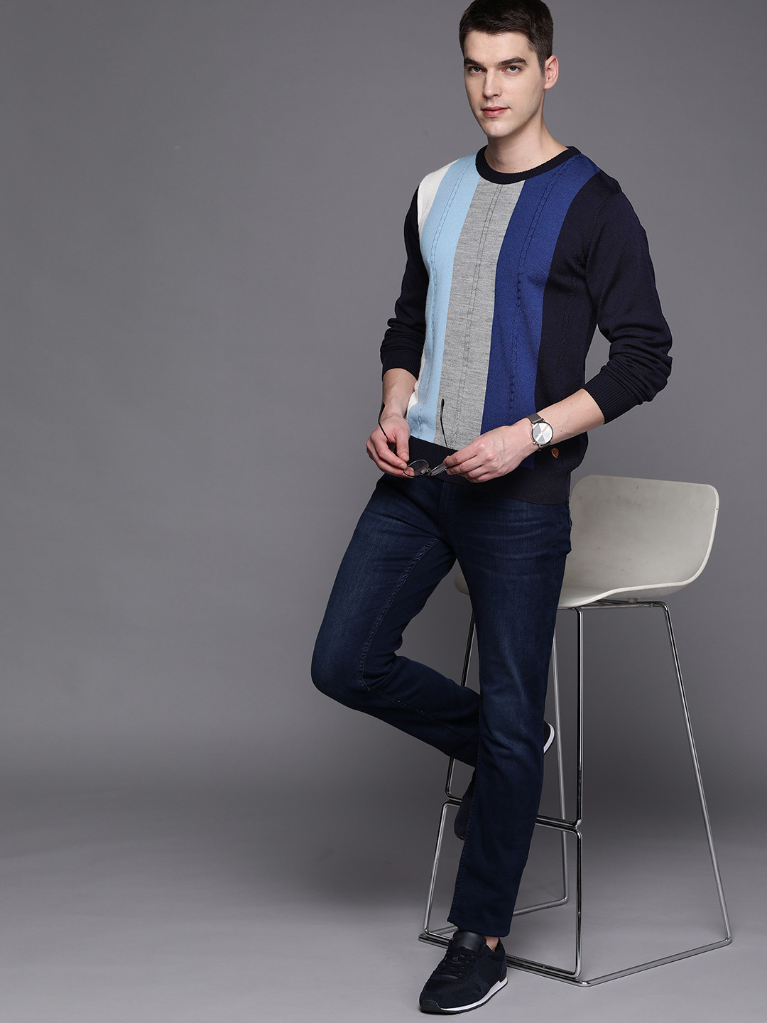 Raymond Men Blue & Grey Melange Cable Knit Striped Pullover