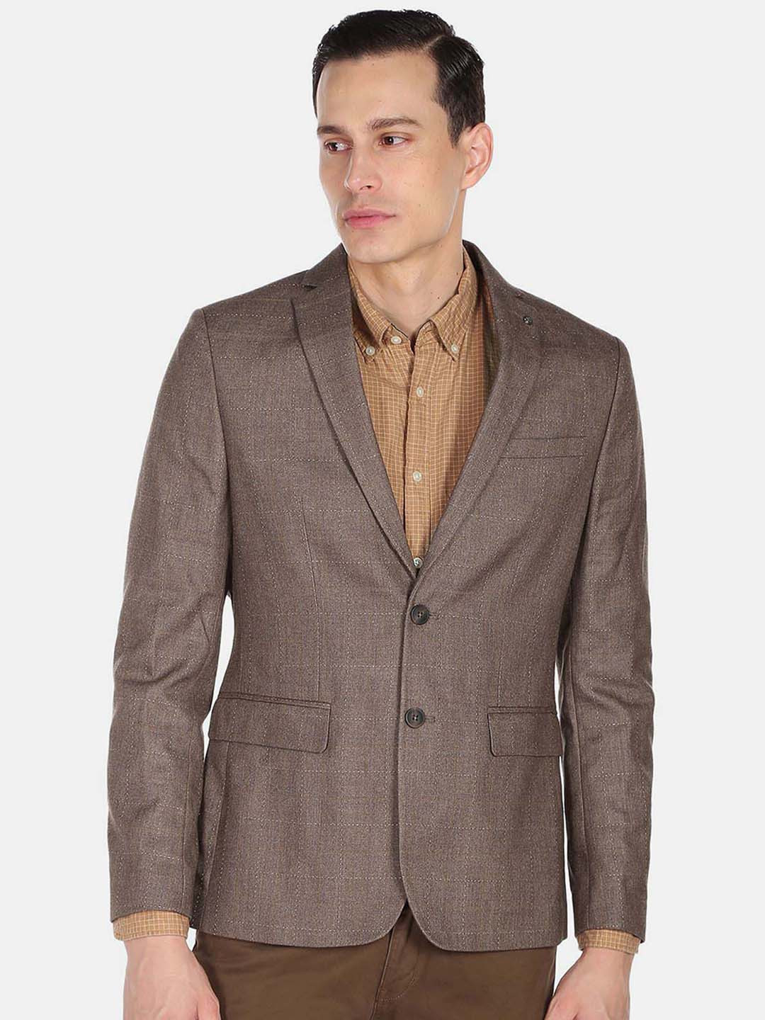 Arrow Men Brown Checked Single Breasted Tailored Fit Zero Calorie Fit Formal Blazer