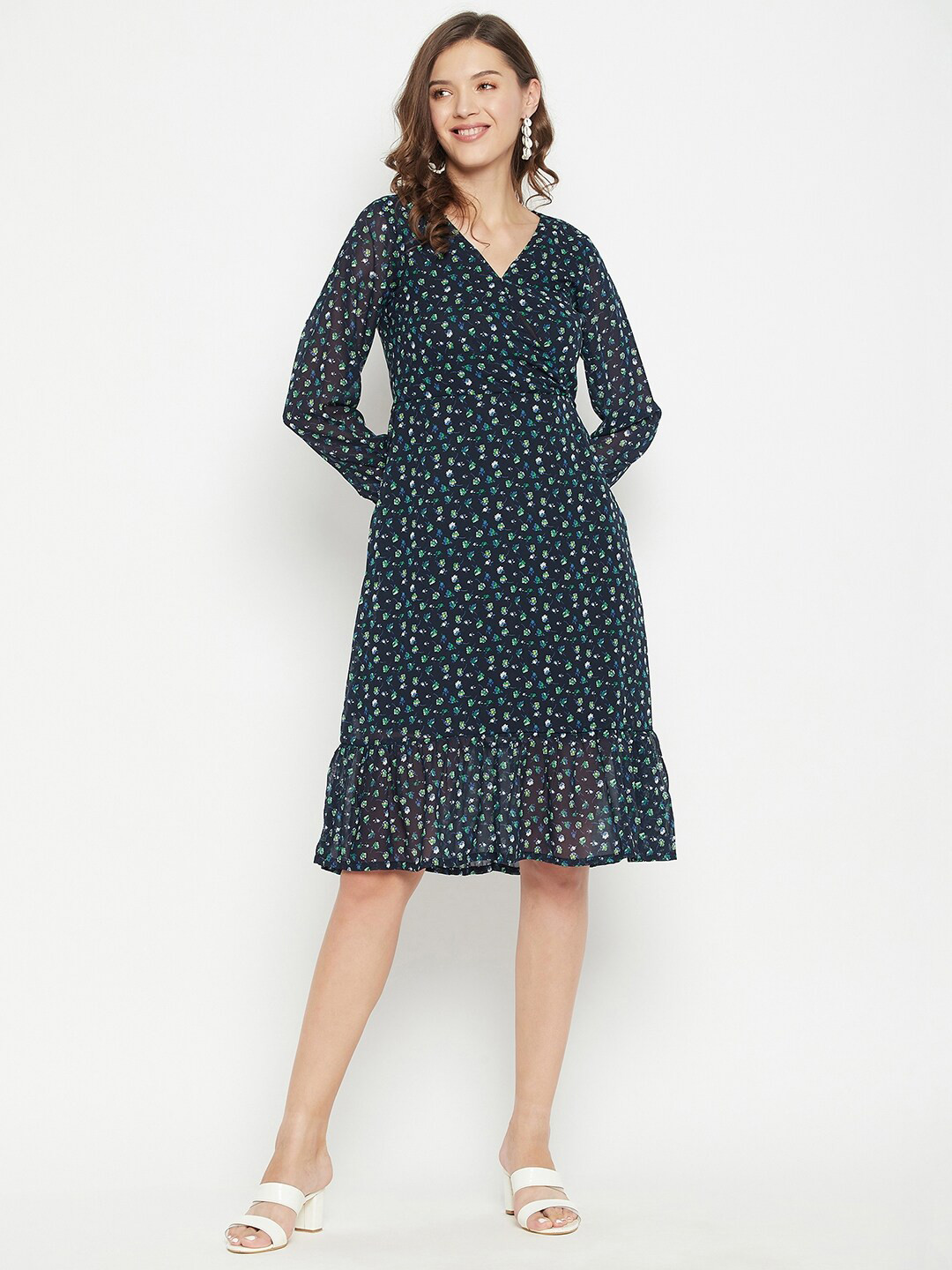 Color Cocktail Navy Blue Floral Printed Georgette Dress