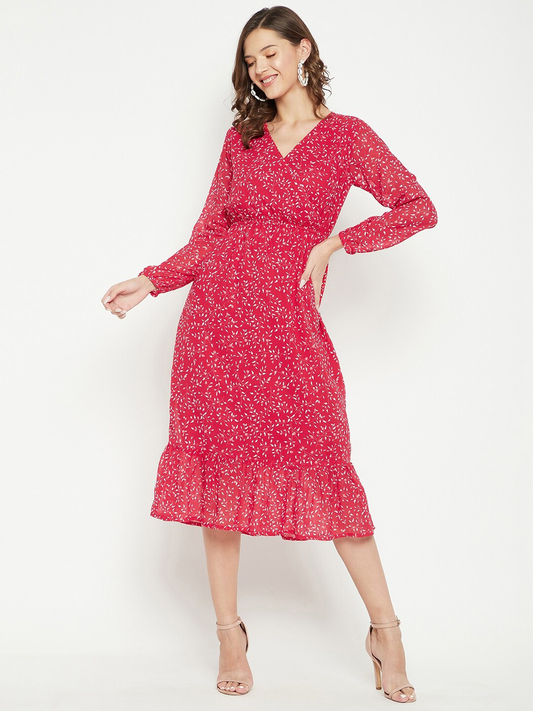 Color Cocktail Women Red Floral Georgette A-Line Midi Dress