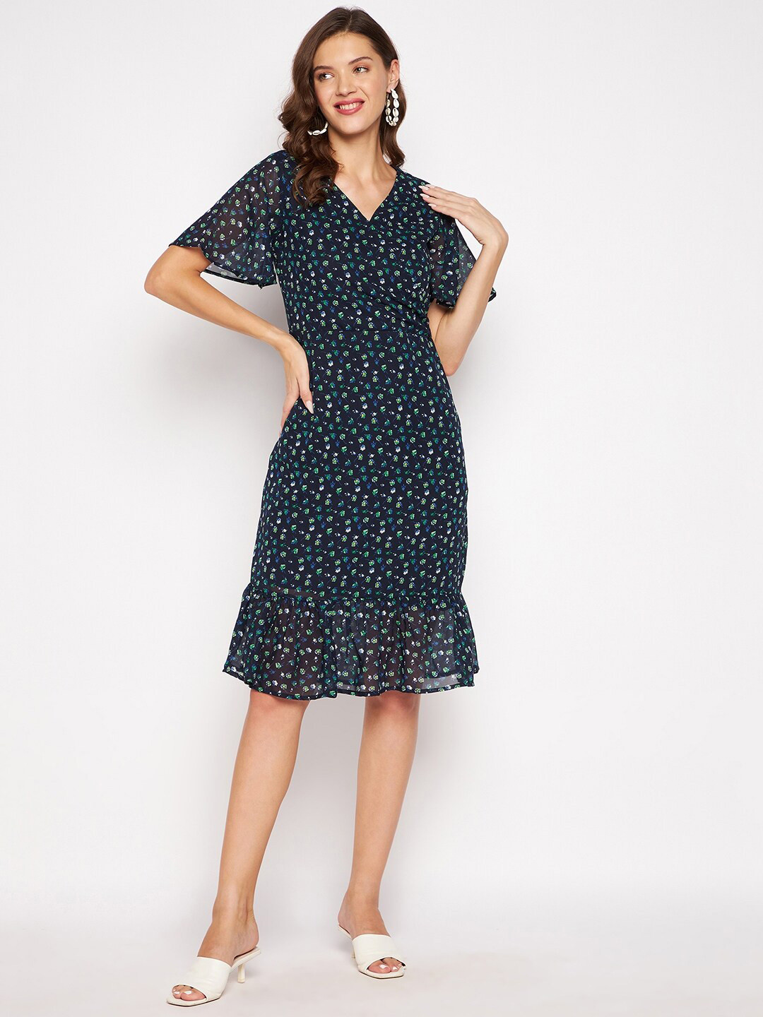 Color Cocktail Blue Wrap Floral Printed Dress