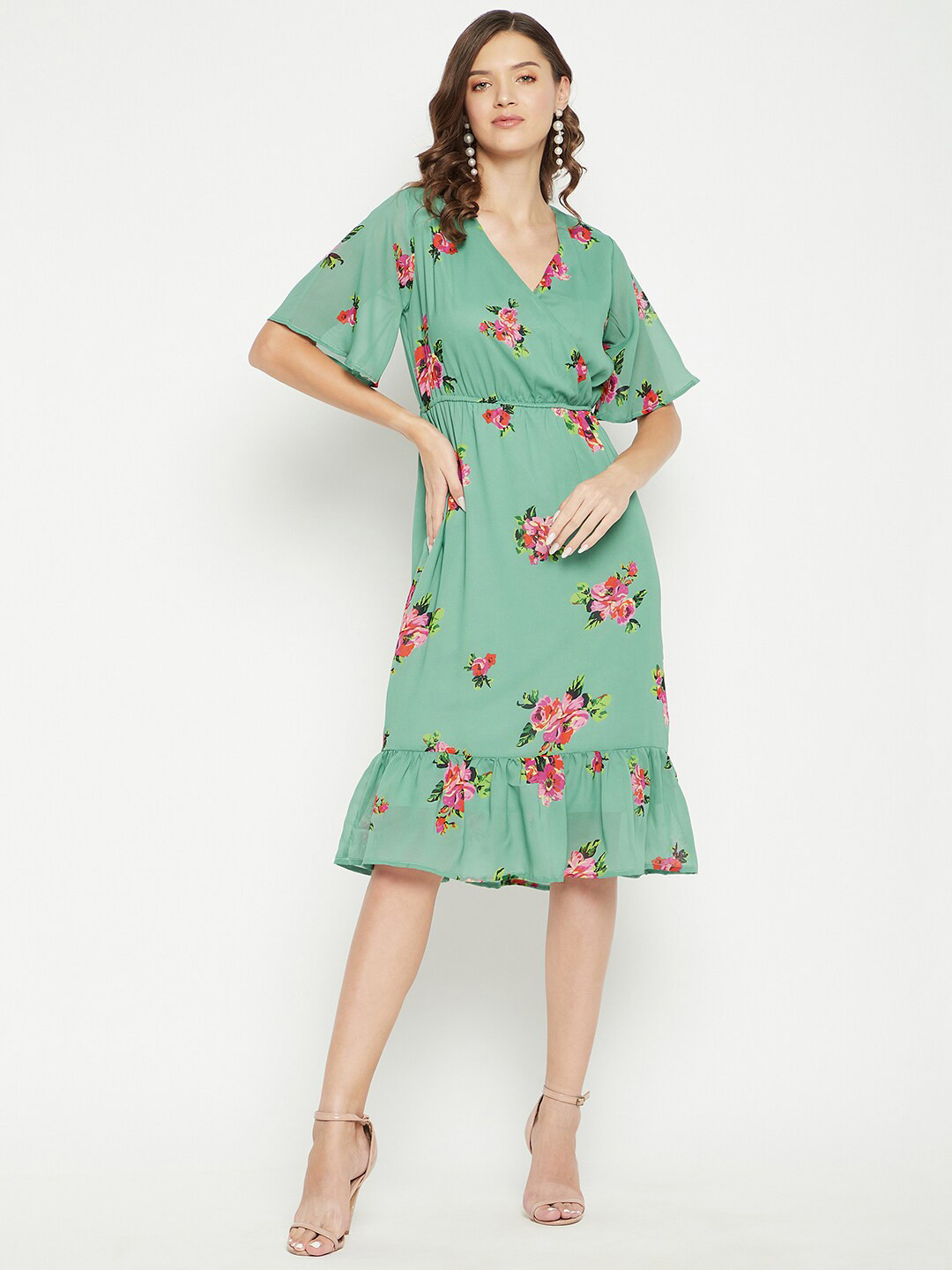 Color Cocktail Green Floral Printed Georgette Dress