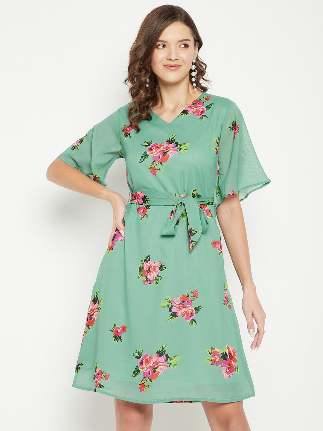 Color Cocktail Women Green Floral Georgette A-Line Dress