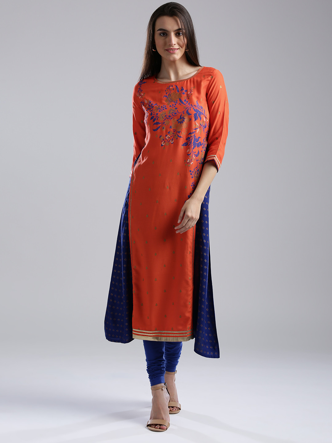 W Women Orange & Blue Printed Layered A-Line Kurta