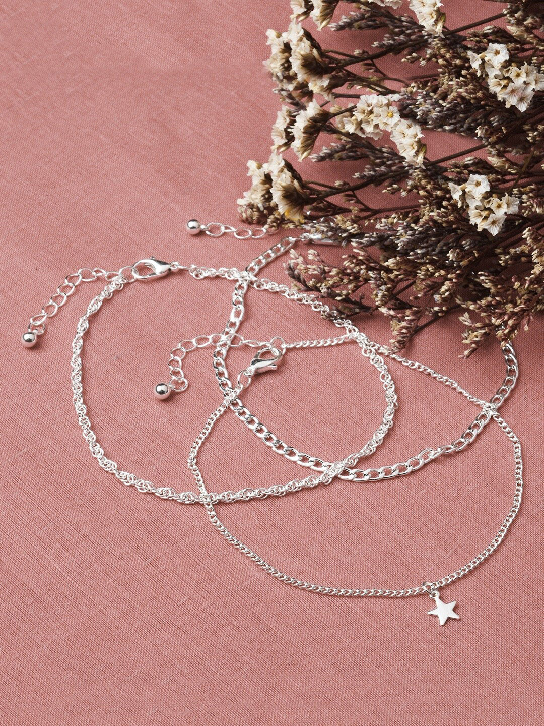 Accessorize Women Set Of 3 Silver-Toned Star Chain Anklet