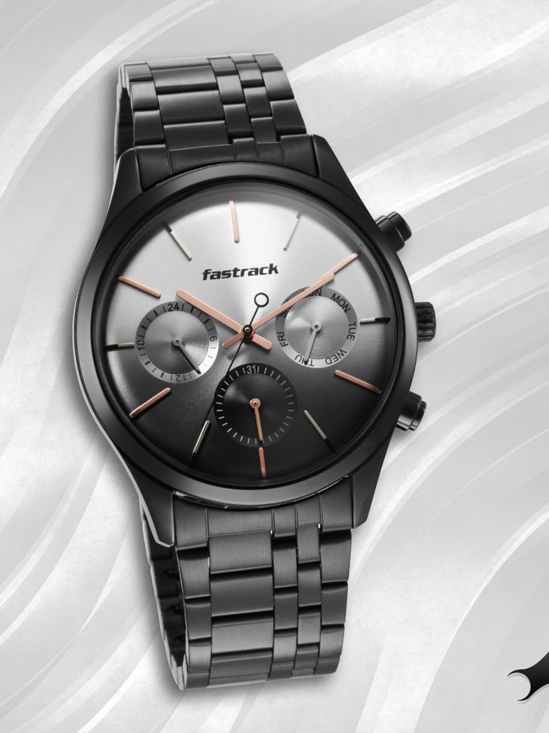 Fastrack Men Black Dial & Black Stainless Steel Bracelet Style Straps Analogue Watch