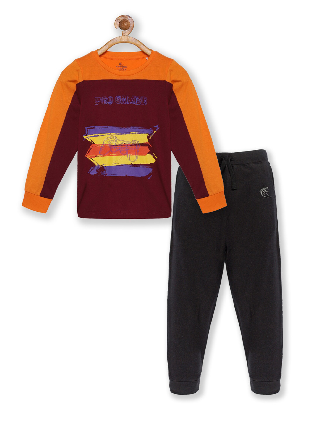 KiddoPanti Boys Brown & Black Printed Pure Cotton T-shirt & Track Pant