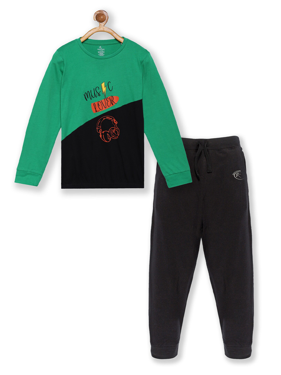 KiddoPanti Girls Green & Black Printed Pure Cotton T-shirt with Trouser
