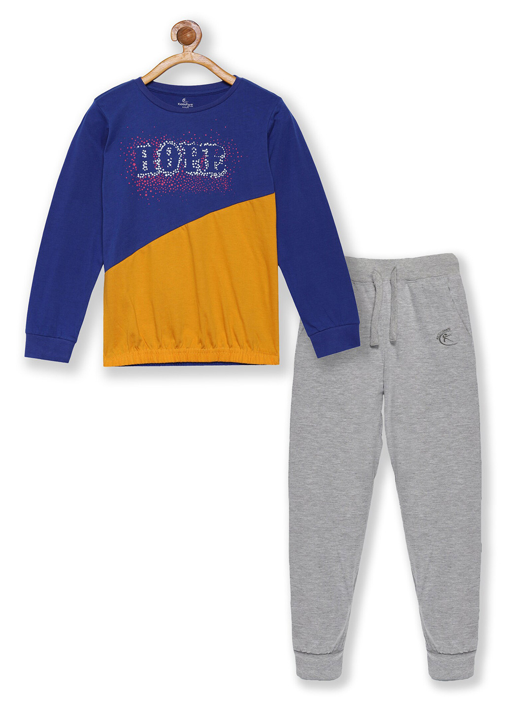 KiddoPanti Girls Blue & Yellow Colourblocked T-shirt with Pyjamas