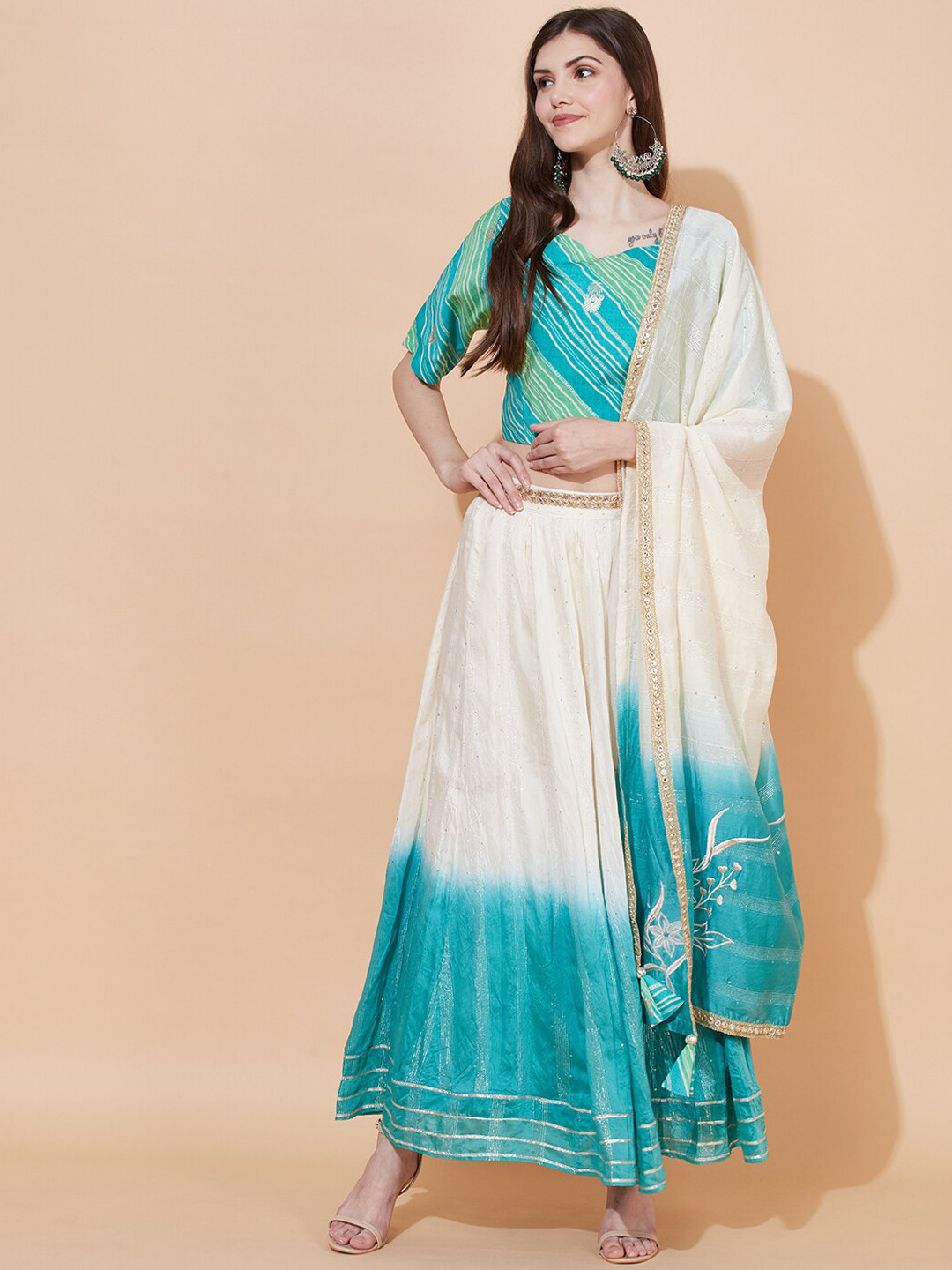 FASHOR Turquoise Blue & White Dyed Foil Print Lehenga & Blouse With Dupatta