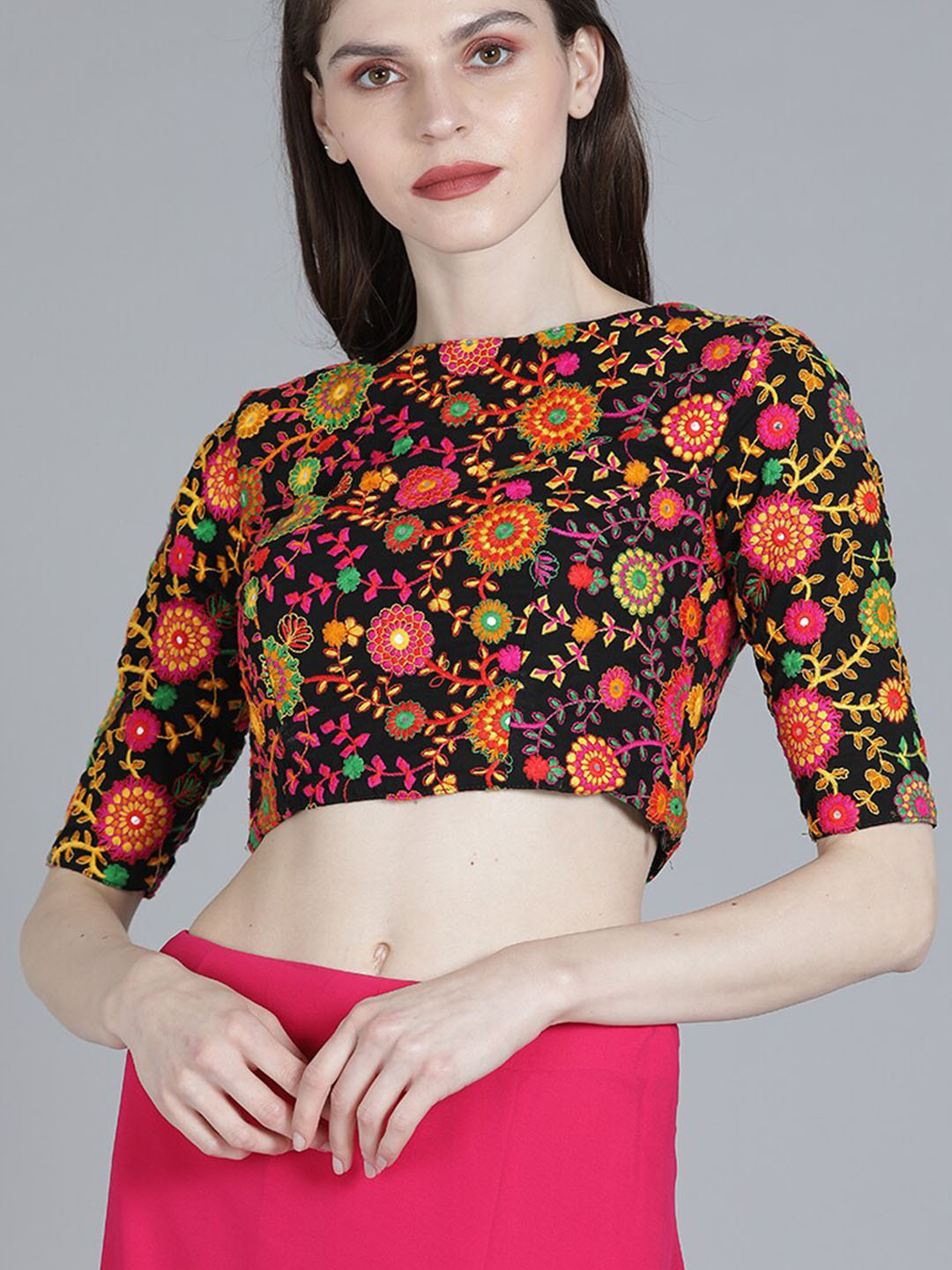 Ethnovog Black  Yellow Embroidered Saree Blouse