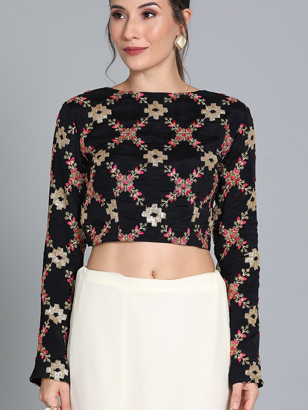 Ethnovog Black Embroidered Ready To Wear Saree Belt Blouse