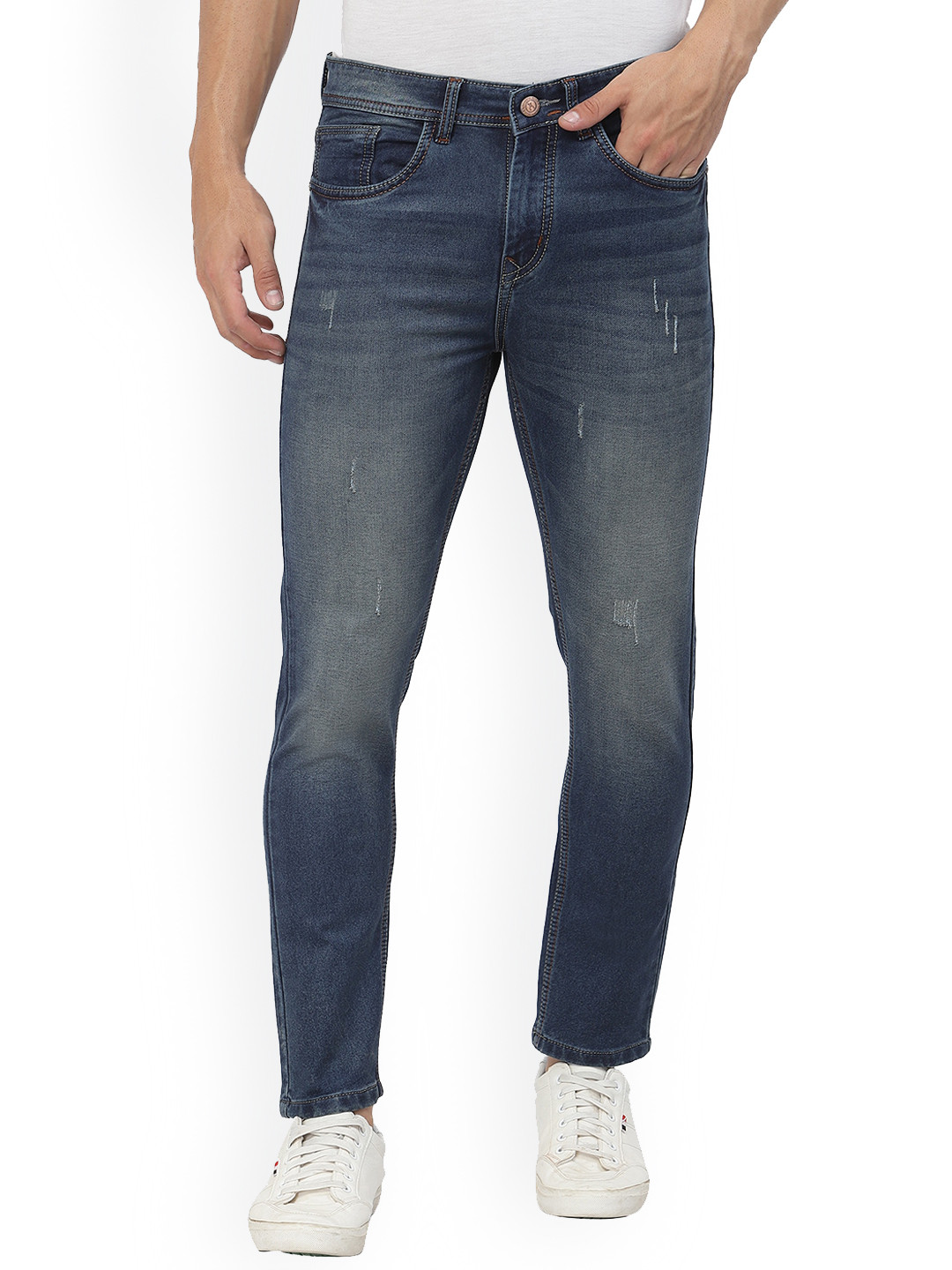FEVER Men Blue Cropped Slim Fit Heavy Fade Stretchable Jeans